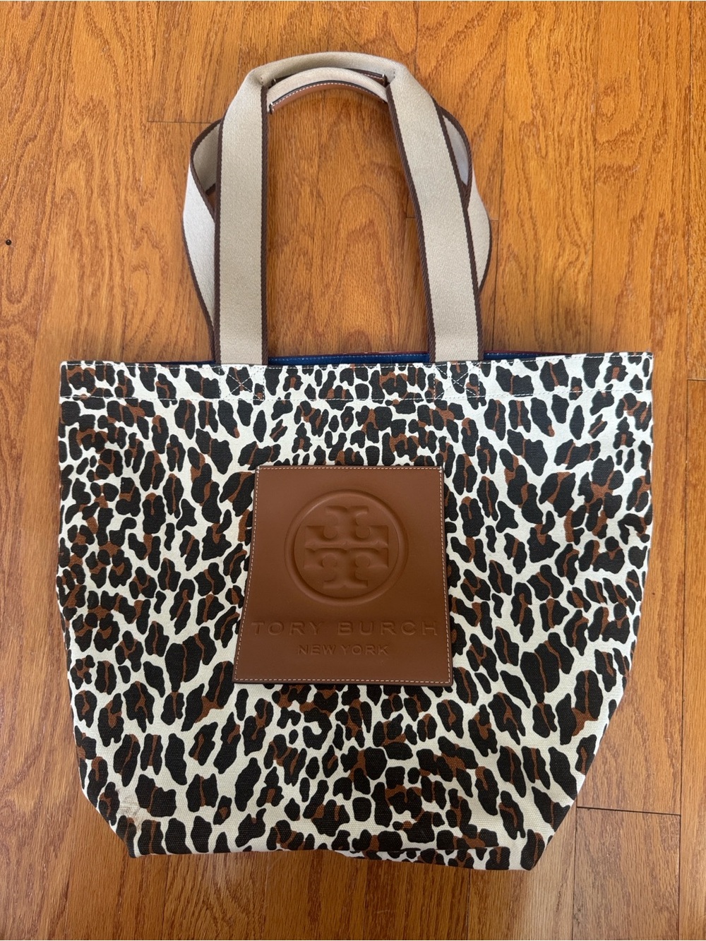 Tory Burch Leopard Canvas Tote with Brown Leather Logo Patch